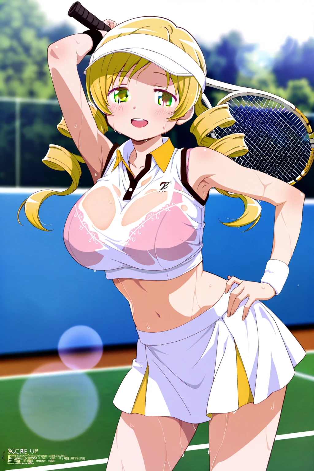 tennis girl's massive nipples out of topless vest out bare and wet pants spreading her legs, gloved hands hidden behind head, blindfold