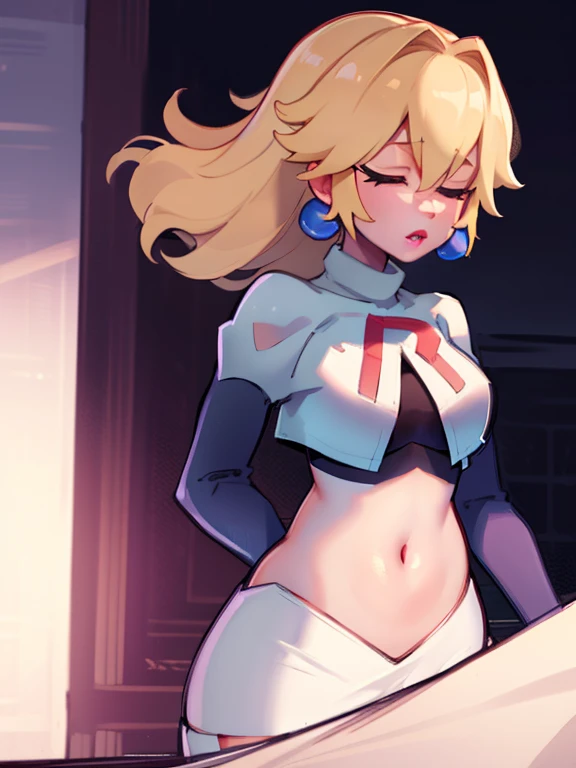 Princess Peach, bible black , large breasts, fully body shot, white shirt, tight red skirt