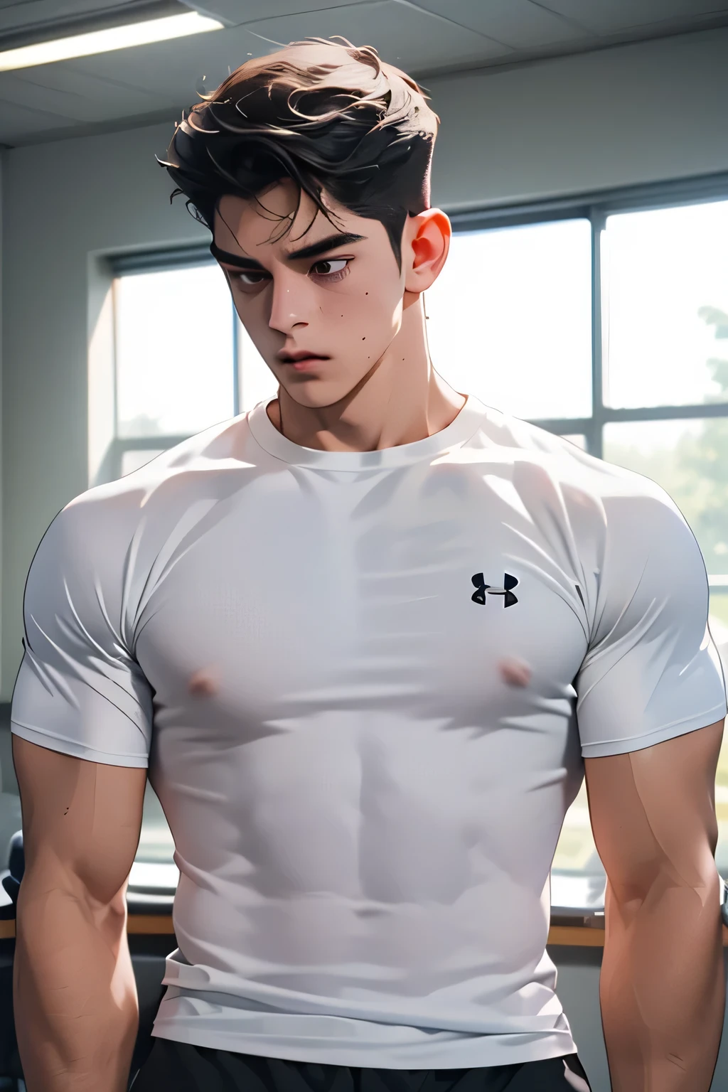 Un chico , 16 years old very beautiful, piel blanca con rasgos finos, poca ropa, pectorales fuertes definidos, al descubierto, piernas musculosas, hermosos pezones grandes obscuros, abs