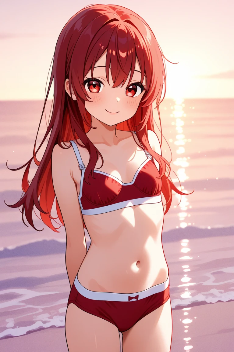 anime girl with red hair and blue eyes sitting on a window sill, seductive anime girl, anime best girl, (anime girl), attractive anime girl, anime visual of a cute girl, rias gremory, beautiful anime girl, anime goddess, beautiful alluring anime teen, beautiful anime woman, | fine detail anime, beautiful alluring anime woman, rin, an anime girl, best quality, ((masterpiece)), highly detailed, blurry background, beach, water, splash,
1girl, Houjou Kaori,
looking at the viewer, smile, open mouth, from angle, small breasts,
red eyes, black hair, long hair, straight hair, stripped bikini, (red bikini:1.4)