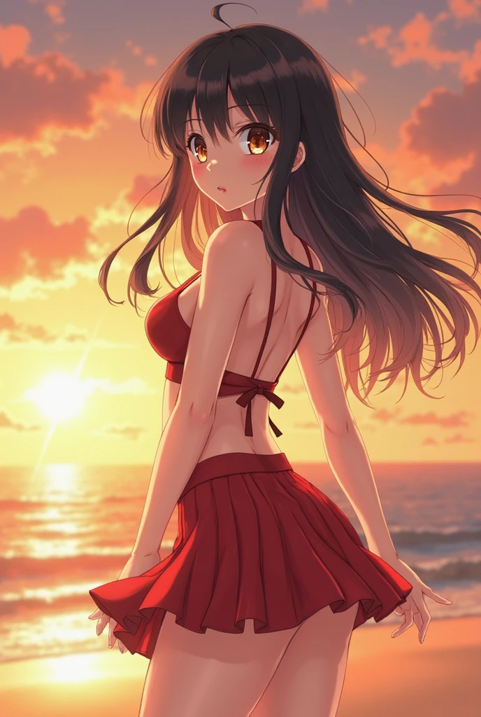 Create a anime style landscape image. Digital illustration featuring a silhouetted female figure in a dynamic pose against a vibrant sunset backdrop. The subject is standing on one leg with arms raised, wearing a bikini with a frilly skirt. Her long hair is tied in a high ponytail, flowing with the movement. The background showcases a serene beach scene with palm trees framing the image, a calm ocean, and a sky painted in shades of pink, purple, and orange. The overall composition exudes a tropical, tranquil atmosphere with a focus on the contrast between the dark silhouette and the colorful sunset. 4k, UHD, ULTRA HIGH.