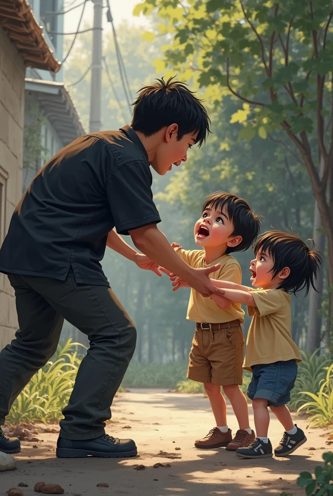 tmasterpiece,Best picture quality,super high image quality,超高分辨率,zona rural,1 Youth,1个little boy,Modern clothing,Young people climb trees,Reach for the nest,The boy under the tree,Look up at the people in the trees,Realistic style,Faraway view,in a panoramic view,32K,