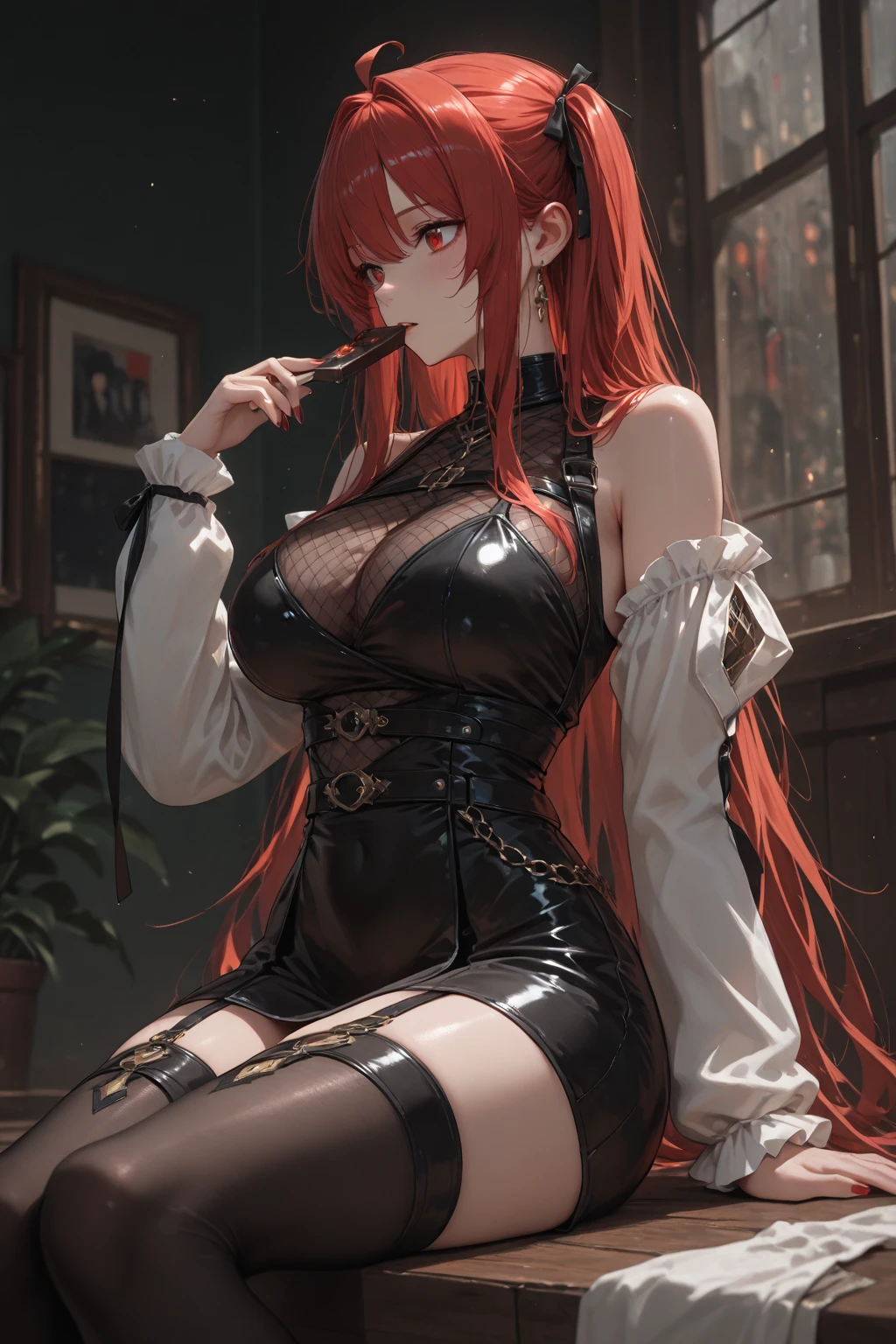 ((masterpiece, best quality, high resolution)), expressive eyes, mature, perfect face, solo, 1girl, red hair, green eyes, pale white skin, tattoos, library, medium breasts, thick thighs, red sweater, black pants, black high-heels