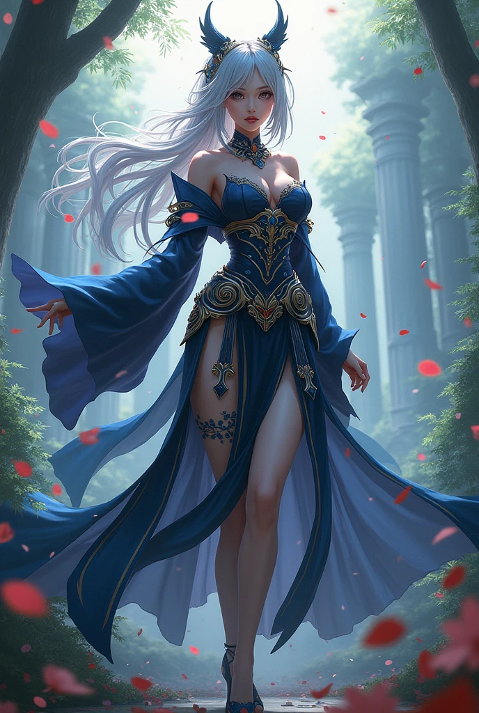 Generate a captivating digital image of a medieval enchantress draped in an ankle-length gown crafted from rich, midnight-blue velvet. The gown, adorned with intricate celestial patterns in shimmering silver thread, flows elegantly and fully conceals her form. The sleeves are long and slightly flared, adding an ethereal quality as they cascade gracefully towards her delicate hands. The neckline is modest, forming a gentle V-shape, and the gown cinches at the waist with an intricately embroidered silver belt, enhancing her mystical allure. The fabric, a luxurious blend of velvet and silk, imbues the ensemble with a soft, otherworldly sheen. Completing the ensemble, the gown features a sweeping hood, adorned with celestial embroidery, adding a touch of mystery to her enchanting presence.