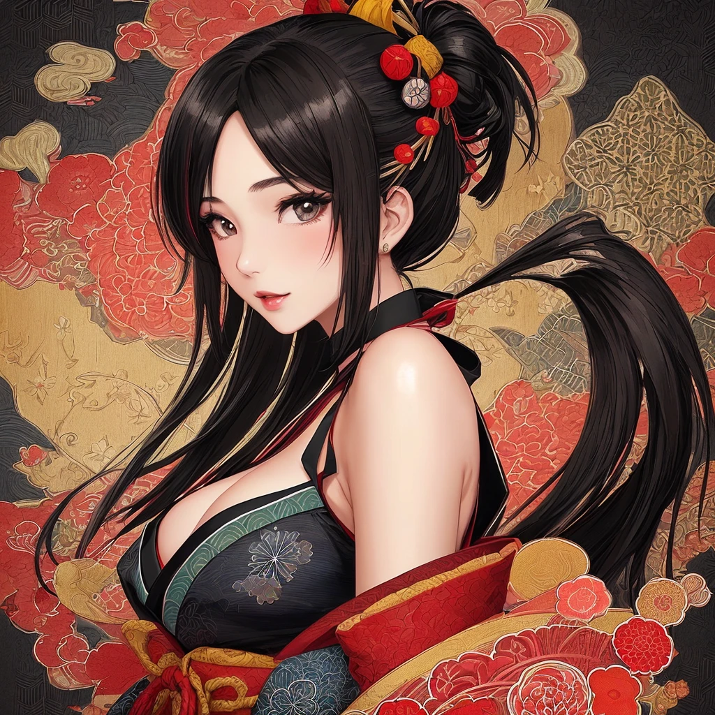 “A beautiful woman with long black hair and fair skin, wearing thin red eyeshadow. She exudes a captivating and alluring atmosphere, with rouge lipstick. She sticks out her tongue and licks a knife held in her hand. She is dressed in a traditional Japanese kimono, which is slightly open at the shoulders. The background is luxurious and magnificent.”