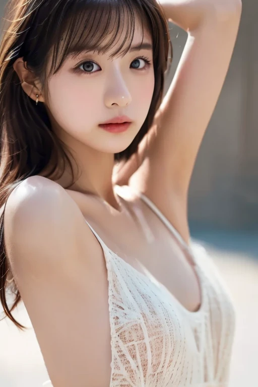 (Perfect Anatomy:1.2)(Absurd, High resolution, Super detailed),masterpiece,Highest quality,High resolution,8k,Realistic Face,Realistic skin texture,Expanded Texture, ,Amazing clarity,high school girl,Cowboy Shot,View the viewer、blush、Angle from below、Background is sky、((Looking down at the ground from above))、Hair blowing in the wind，amount、looking at the camera、sheer、Low - Angle
