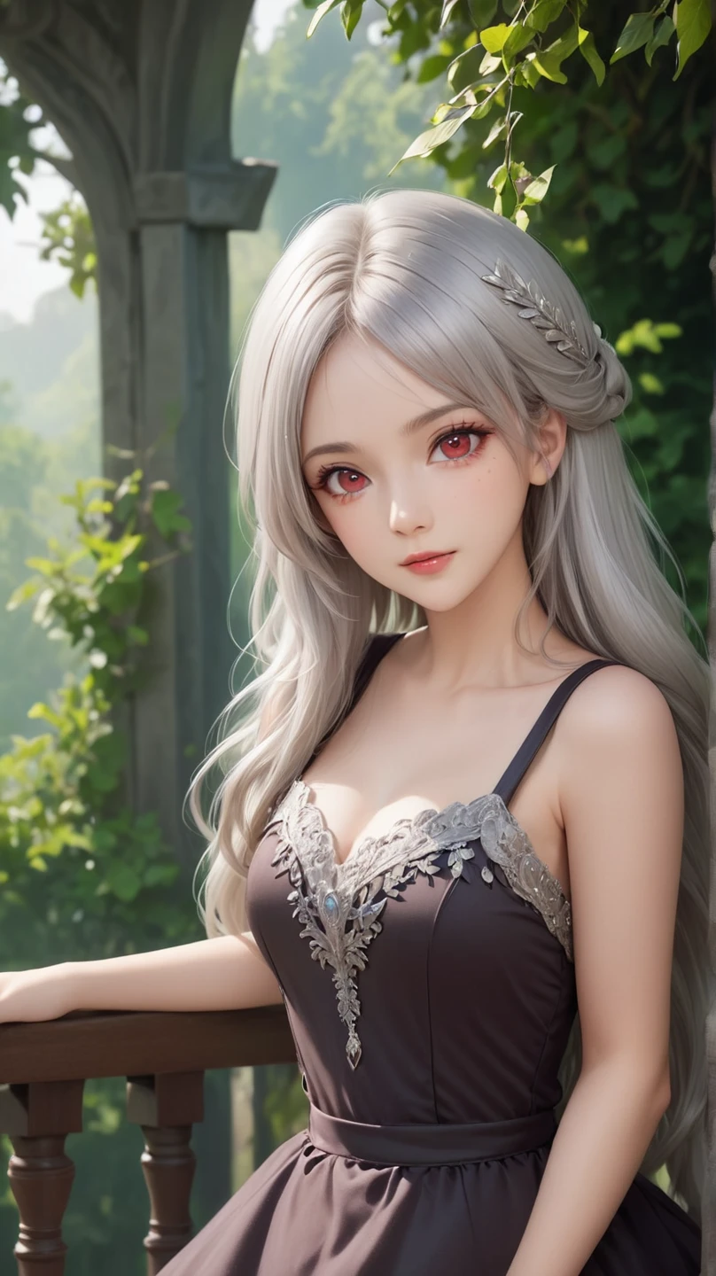 18-year-old female，Milky white long hair，Red Eyes，Long eyelashes，Unbelievably huge breasts，((3D anime style))，Fleeting，Eyes downcast，A revealing white dress，Look at the bottom left，