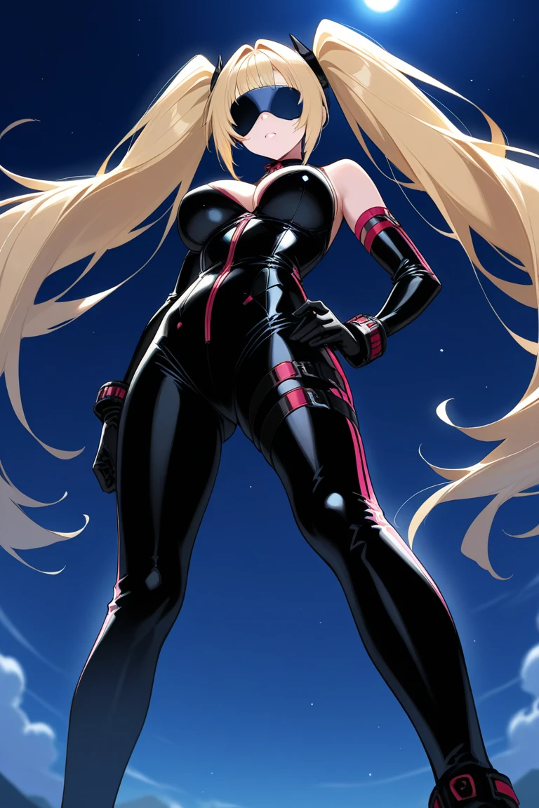 anime waifu bodybuilder, beautiful face, smiling face, perfect body, fit body, abdomen, large breasts, muscular, (((hair) long and blonde), ((clothing) ninja tights of white color, torn), (cover covering body of black color, and hood covering head of black color), character A2
