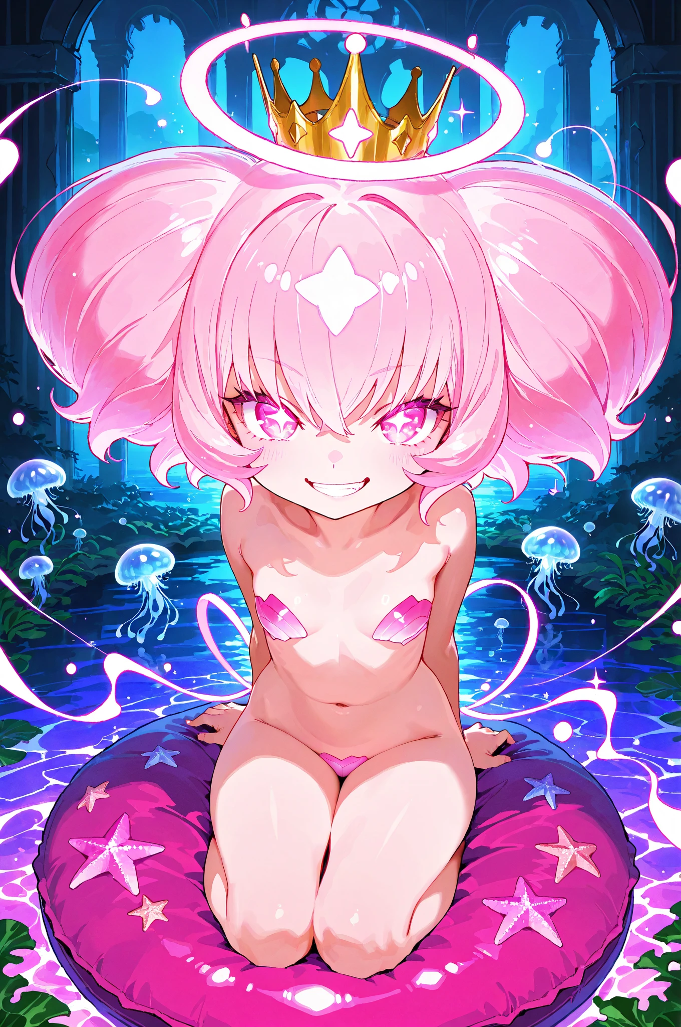masterpiece, best quality, hyper detailed, 1girl, evil smiling, looking at viewer, 1girl, evil smiling, looking at viewer,flat chest,small breasts,pink hair,twintails,middle hair,pink eyes,with star-shaped eyes,bikini,sea,