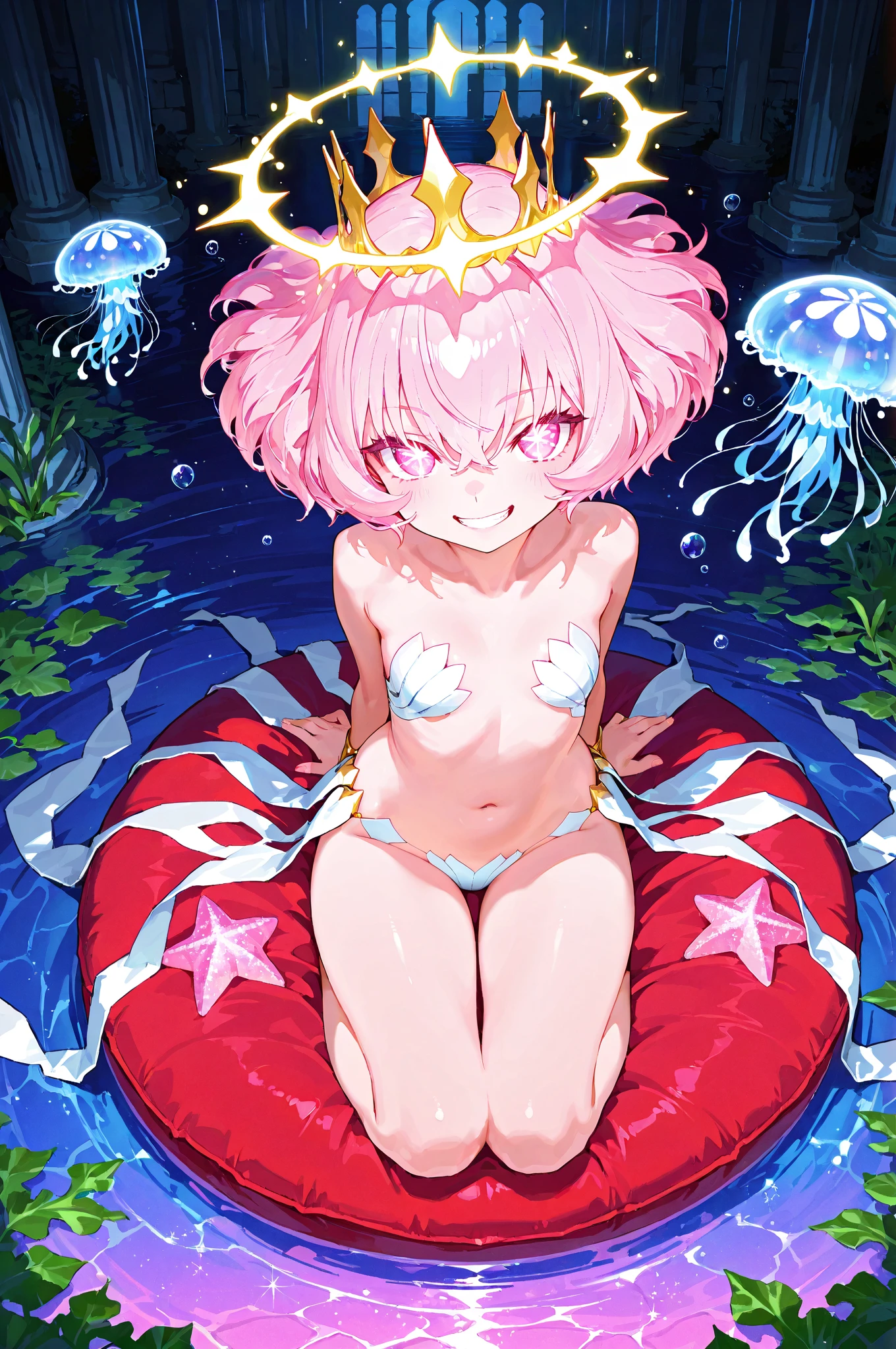 (( One Girl)), (Browsing Caution)、blush,Pink Hair、Wavy Hair、Orange eyes、(((Red leotard))) ,on stage、Flat Chest、Big Ass、((Thick thighs))、Sweat、((:D))、surprised、(Straight hair)、Sit on、Spread your legs、(White shoulder rest)、Gold decoration、Blue Crystal