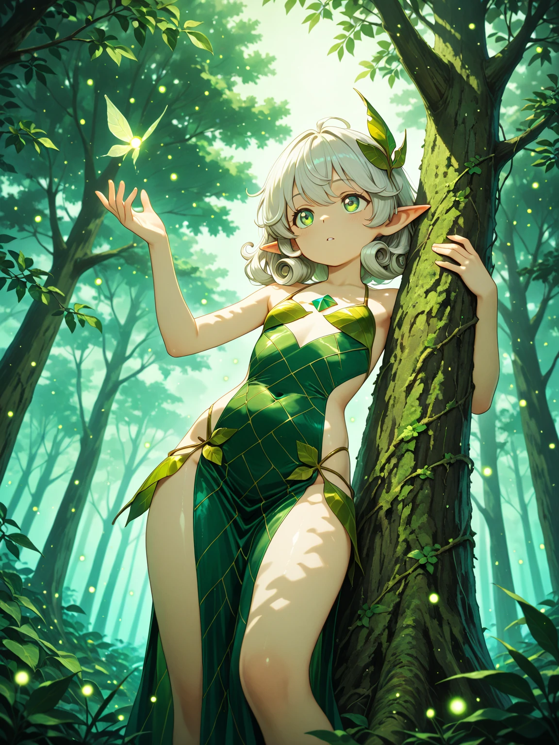 1girl, nahida \(genshin impact\), genshin impact\\\\\ masterpiece, best quality, very aesthetic, absurdres, newest \\\\\\ slim body,///// ,by nyantcha,cutesexyrobutts , by khyle,,////// beautiful face, sexy, , greenery,, jungle,birds etc, looking at viewer, lime one-piece swimsuit,grass,white background, heart shaped hands