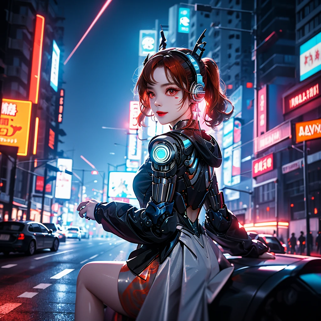 1 girl, Chinese_clothes, metallic black titanium and orange, cyberhan, cheongsam, cyberpunk city, dynamic pose, detailed luminous headphones, glowing hair accessories, long hair, luminous earrings, glowing necklace, cyberpunk, high-tech city, full of mechanical and futuristic elements, futurism, technology, glowing neon, orange, orange light, fluorescent orange, skirt, cape, coat, laser, digital background, urban sky, big moon, with vehicle, best quality, masterpiece, 8K, Character edge light, super high detail, high quality, the most beautiful woman in human beings, slight smile, face facing front left and right symmetry, ear decoration, beautiful pupils, light effects, visual data, pick and dye orange, dye hair, super detail facial texture, happy and proud, weapon system, mecha style, crowded street passers-by, full body in camera, infinite zoom, super light and shadow, various poses, long hair flowing, glowing boots