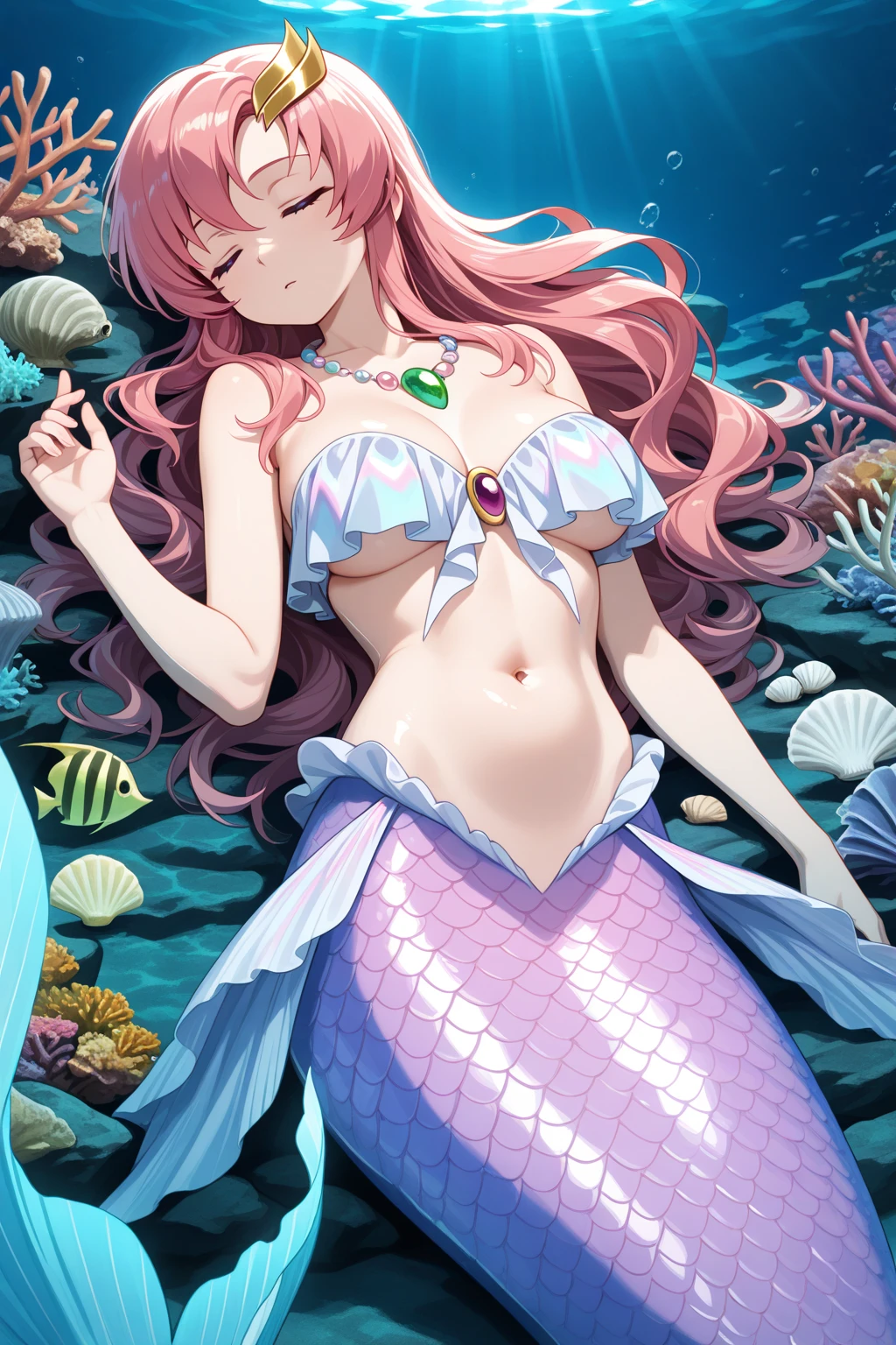 redhead mermaid, with full breasts, left arm completely tattooed, light pink scales with a thin edge of pastel blue scales, breasts covered with shells