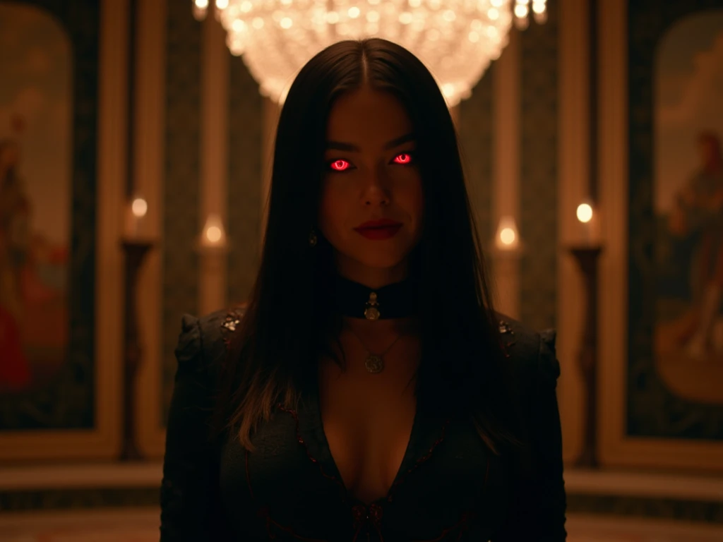 Create a vivid and chilling depiction of a soul-sucking, extraordinarily beautiful demon woman. Explore the sinister allure in her presence, blending the supernatural elements of her demonic nature with the mesmerizing charm that captivates those unfortunate enough to cross her path