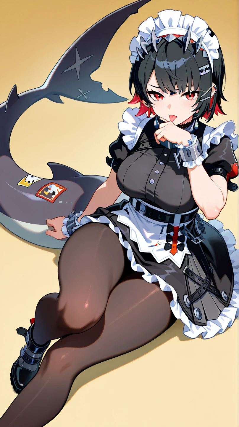 (pose:1.0, playboy pose, dynamic pose, adult Ellen Joe:1.0, Ellen Joe Outfit:1.0, falling skirt:1.0, transparent Ellen Joe pantyhose:1.0, shark tail, big mouth:4.0, big lips:4.0, open mouth:5.0,  eyes:4.0, detailed face, detailed mouth, small waist:1.0, wide :1.0),  black hair, Ellen Joe headdress, red eyes, 1woman, alone, (masterpiece, detailed face, perfect hands, perfect eyes), red rim lighting, purple fill lighting, dynamic lighting, 