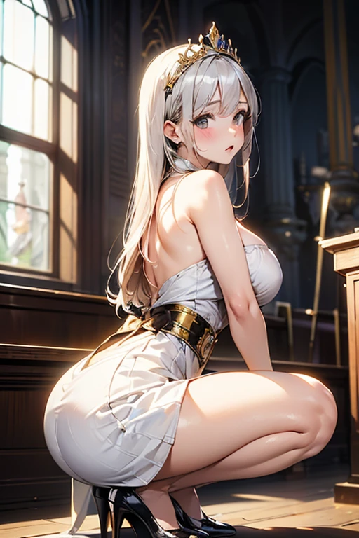 (masterpiece), best quality, perfect face, 1girl, mature woman, leaning forward, long grey hair, large breasts, hanging breasts, cleavage, narrow waist, lolita, ultra short skirt, choker, transparent shirt, yellow skirt, full body, white high heels, garters, lace stockings,long and slender legs, beautiful legs,erotic