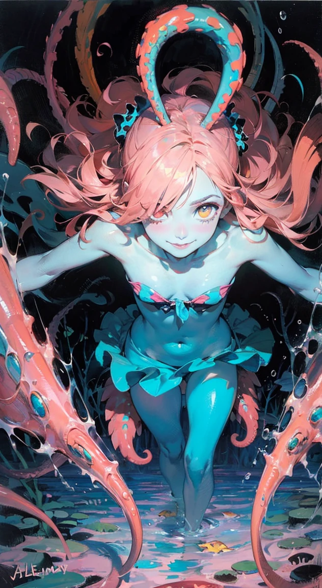 1girl(blond short hair, braid, red bikini, blue eyes, tall, tan skin, barefoot, ??????), under the sea, vaginal insertion(giant tentacle, full body restraint by tentacle,)