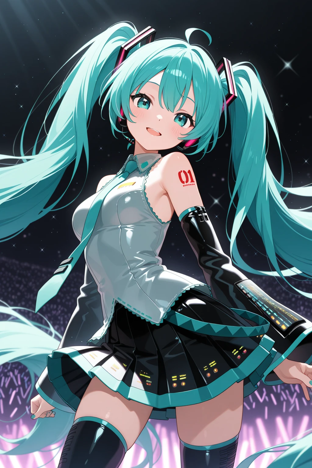 Hatsune Miku wears costume with wings and stars, hatsune ,huge hologram, futuristic fashion show, hatsune future cosplay, Ethereal Holographic Center, neon wings, Founding Angel, Transparent holographic existence,black background
