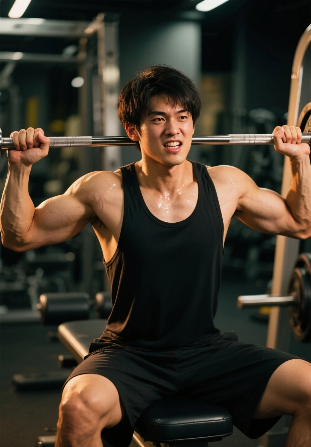 Asian Men's Gym , musculous, Height 190 cm, large shoulders, Large muscular feet, (Draw eye details), (hentail realism),In a deadlift barbell