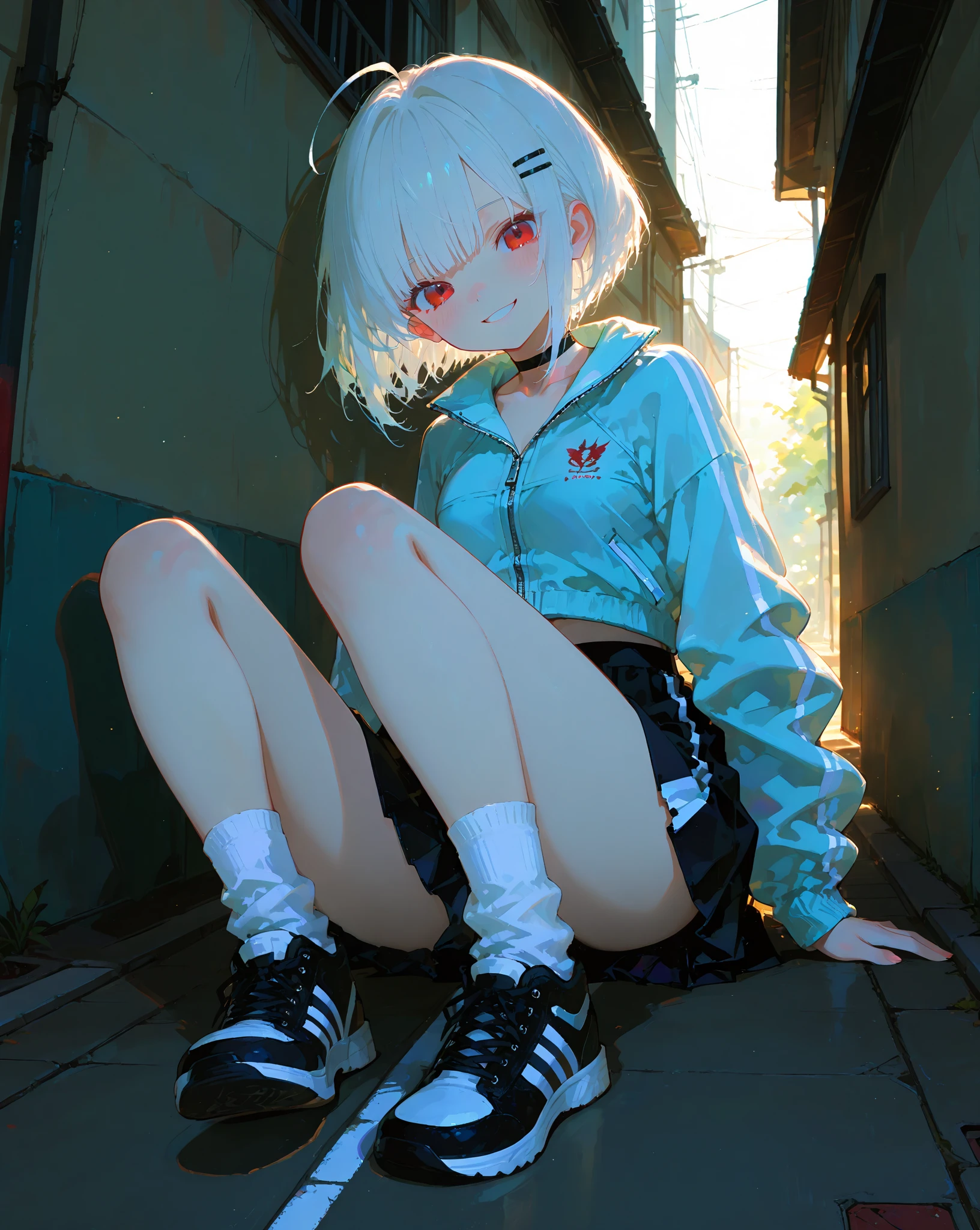 16-year-old girl,whole body,Grin,Short blonde bob hair,Sports Casual,Oversized tops,five quarter spandex,sneaker boots
