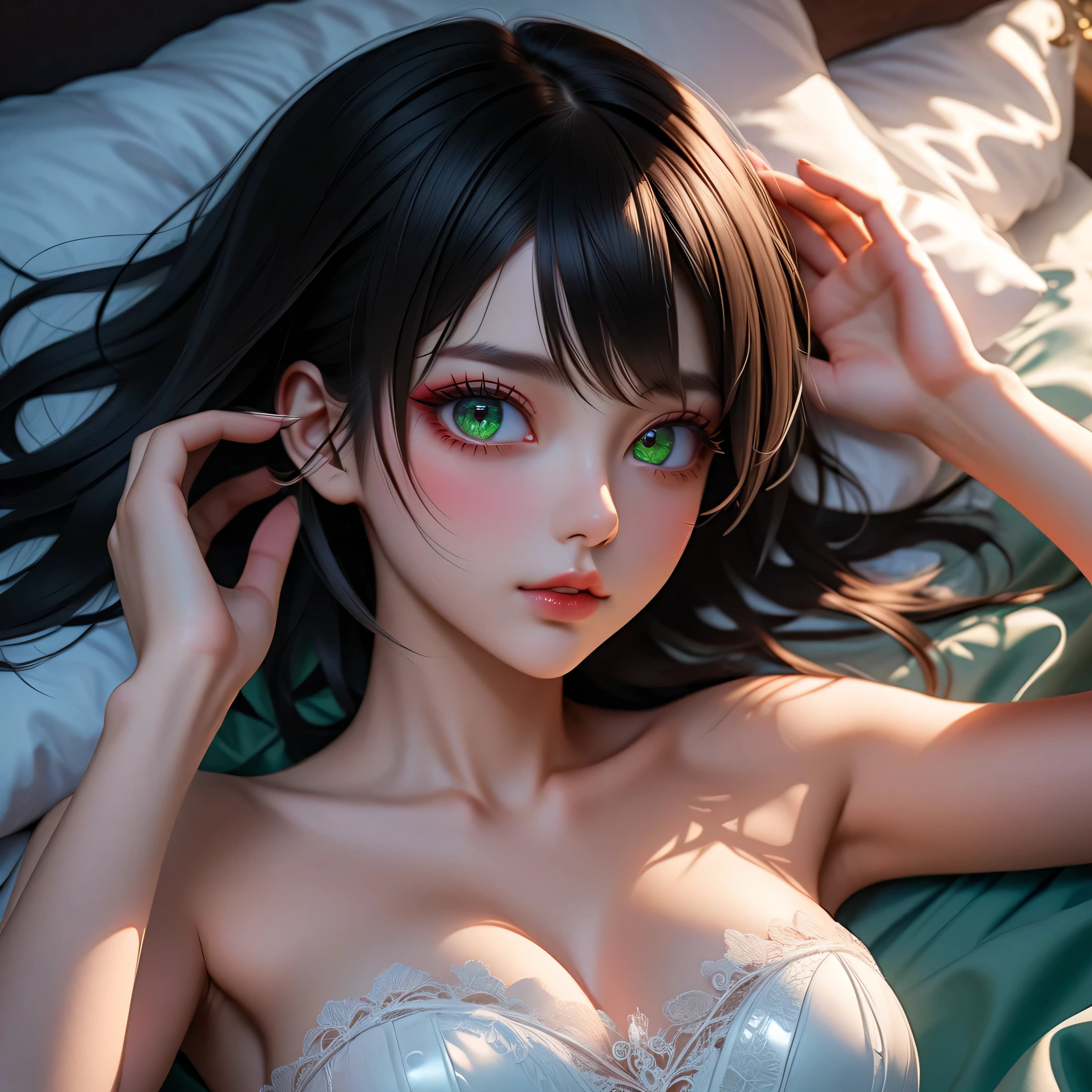 Elf Girl、Age is 8 years old、Medium-long black hair、Grey Eyes、Completely naked、Lying in a dark bedroom、Seductive expression