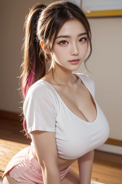 ((22 y.o girl in a black (see-through:0.9)apron)), (kpop idol), sitting on the floor, ((dynamic pose)), pale skin, (((natural breasts, big breasts))), (aegyo sal:1.1), (narrow waist), long((low twintails)), brown-hair, ((puffy eyes)), looking away, smiling, sexy, bangs, doorway, porch, indoors, public, (Bokeh), ultra-detailed, best quality, ultra high res, (NSFW:1.05),