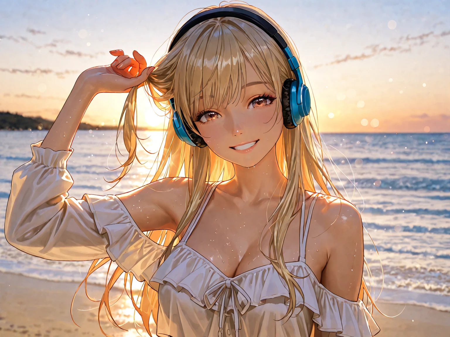 masterpiece、high resolution 8k、NSFW、sharp focus、contrast lighting、fine skin、muste piece、 highest quality、Ultra - High resolution、Super high resolution、Highly detailed CG、1girl,standing,a beach,sea,The sky is clear and blue,a few scattered clouds,sunny day,seagull, a red bikini top,blue denim jacket shorts,long blonde hair hair,smiling,headphone,
