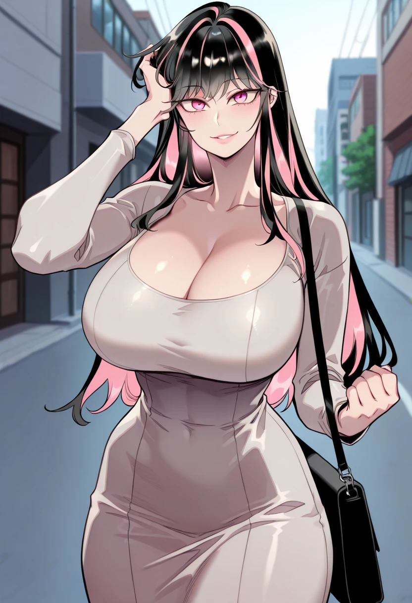 score_9, score_8_up, score_7_up, score_6_up, source_anime BREAK 1girl, solo, <lora:fecherche-pdxl-nvwls-v1-000005:1> defCherche, pink hair, hairband, black sweater, turtleneck, big breasts, beige pants, autumn, street, looking at you, happy, waving
