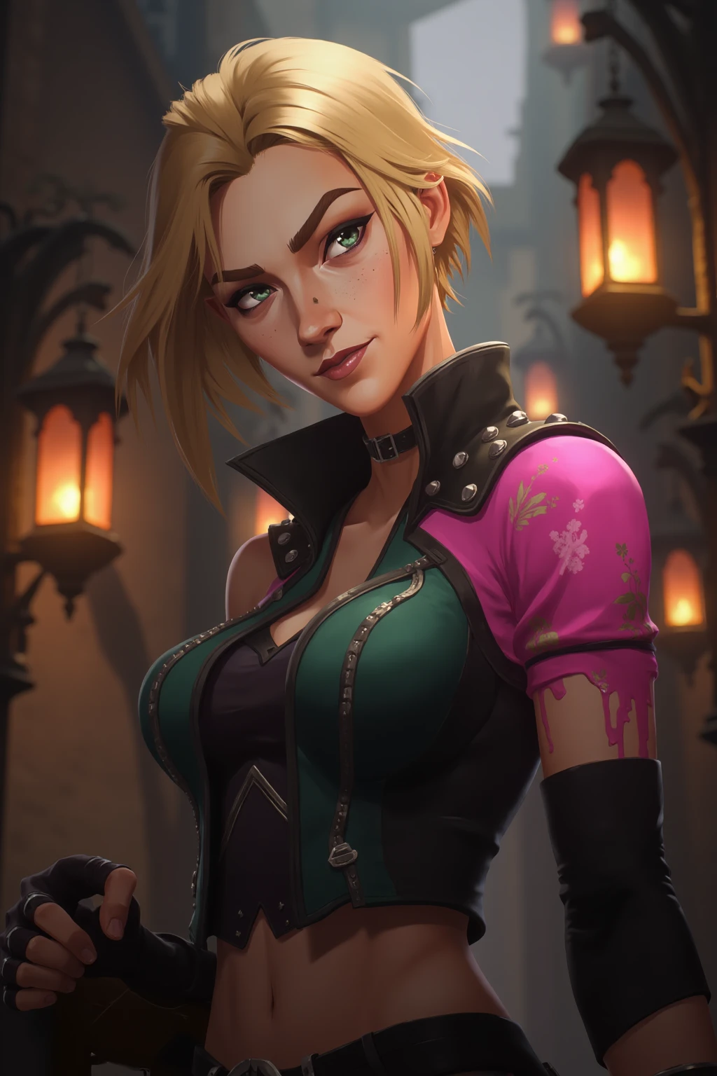 (masterpiece, best quality:1.2), intricate details, <lyco:GoodHands-beta2:1.0> <lora:soul_fighter_evelynn_lol-000014:1>, soul fighter evelynn, 1girl, cropped jacket, hat, pants, short hair, blonde hair, cleavage, purple lips