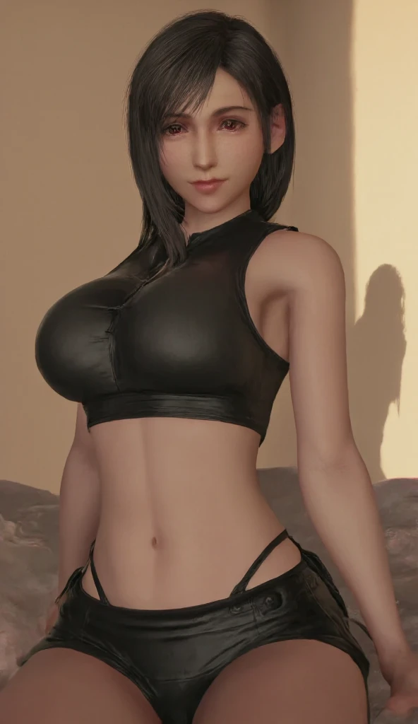 <lora:sexy_female_warrior_suit:0.85>, 1girl, black criss-cross bikini, halterneck,black pelvic curtain, black thongs, cleavage, bare shoulders, bare arms, stomach cutout, navel, chains, normal breasts, smirk smile, <lora:JJK_Nobara-DEF:0.7> nobara, solo, short hair, closed mouth, brown light hair, overhang, makeup, black eyeliner, cowboy shot, perfect, sharp, masterpiece, detailed, high resolution, best quality,
ear piercing, earrings, hoop earrings, indoors, jewelry,
full shot, best quality, high resolution, distinct image, Cinematic light, intricate_detail, highres, official art, finely detailed beautiful face, high-resolution illustration, 8k, dark intense shadows,  Dynamic Range, tonemapping, crisp details
