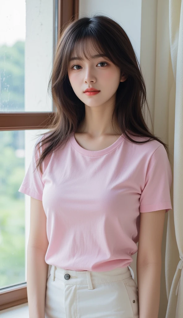 masterpiece,Award-winning works,high resolution,A beautiful girl wearing short sleeves and shorts,Pink lipstick,White short sleeve,Denim shorts,Full figure,Large Breasts,Ponytail,Oval face,Close-up of the upper body front,Snow mountain in the background