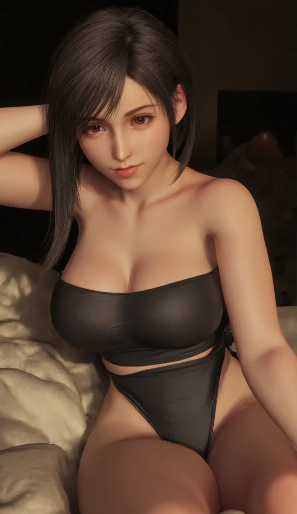 (masterpiece), best quality, expressive eyes, perfect face, , Medium breasts, Brown eyes, Eve, Short bob haircut, Stellar blade, Fringe hair, Athletic body, Ponytail hair, wide hips, cameltoe pussy, unreal engine skin:0.3, black shirt, pink mini skirt,marked nipples, blushing:1.4, tight breast, looking at viewer,, woman sitting pose, open legs, cyberpunk bedroom, night, neon glow spothlighs in the walls