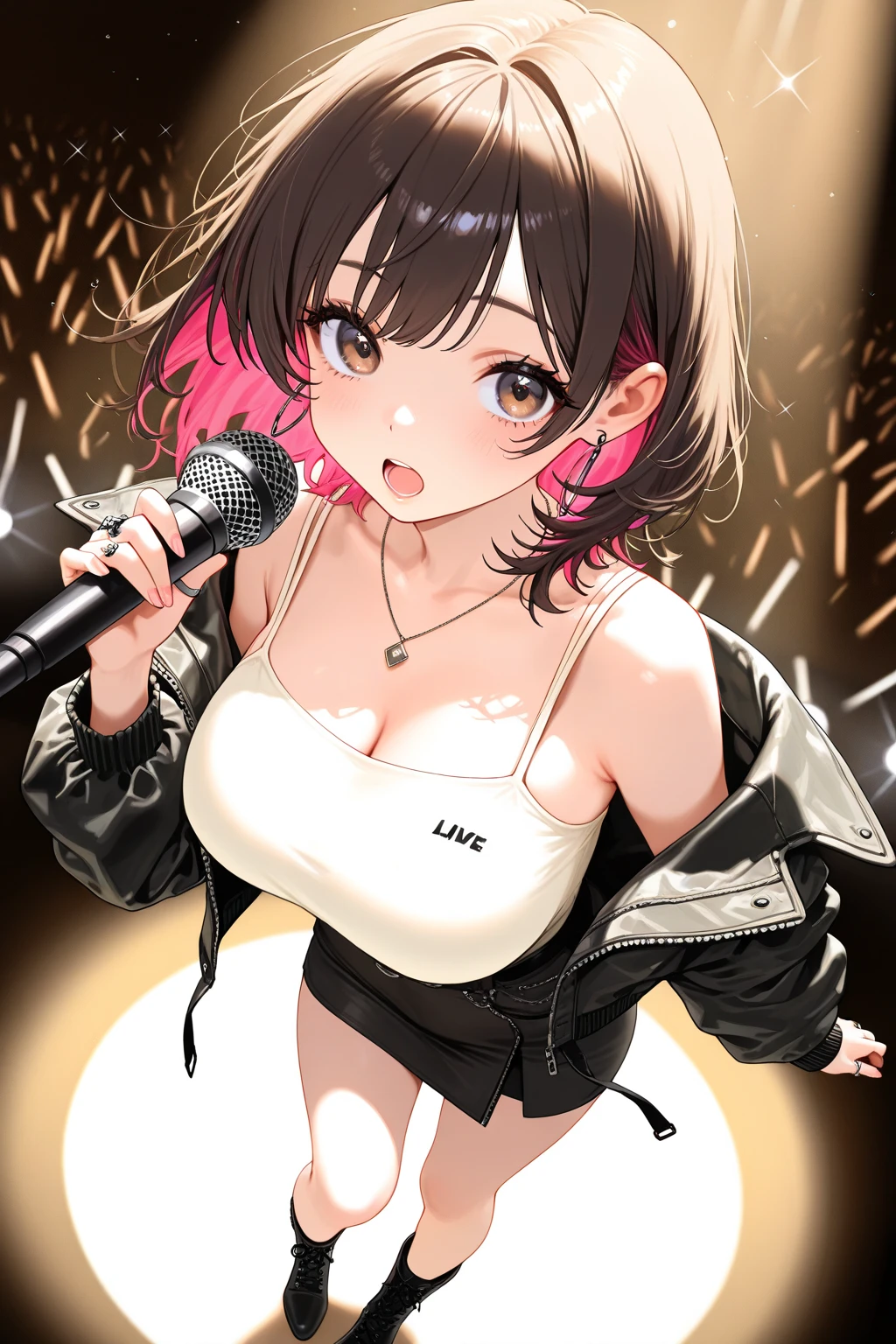 (kinako_(shiratama_mochi) style, ((topless)), nsfw, masterpiece, 1 girl, solo, erect nipples, intricately detailed, navel, latex shorts, fishnet leggings, multicolored hair, black hair, pink, live band, live perfornance, idol, live stage, spotlight, stage light, extremely detailed, bare breasts, puffy nipples, purple eyes, vtuber, bare stomach, sweaty, medium breasts, arm strap, cowboy shot, microphone, singing, open mouth, short hair, cg masterpiece, cowboy shot, smiling