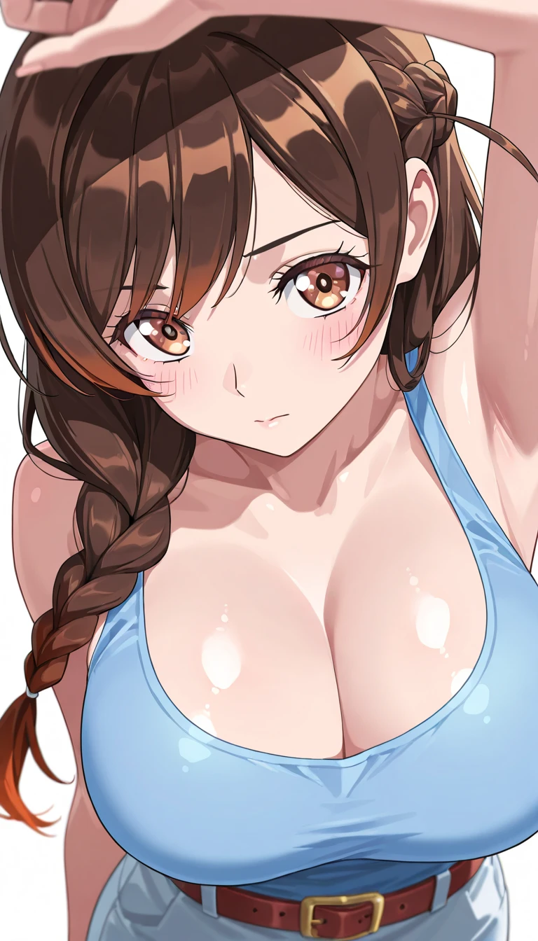 16k,score_9, score_8_up, score_7_up, source_anime, rating_safe,super detailed , himesaki rinami,purple eyes,brown hair,hair bun,long hair, bikini, (heart eyes),(heart in eyes),spoken heart,very cute,open mouth,dutch angle,big breast ,blush,beautiful face,beautiful eyes,details eyes,white background ,(cleavege),leaning forward ,bare cleavege