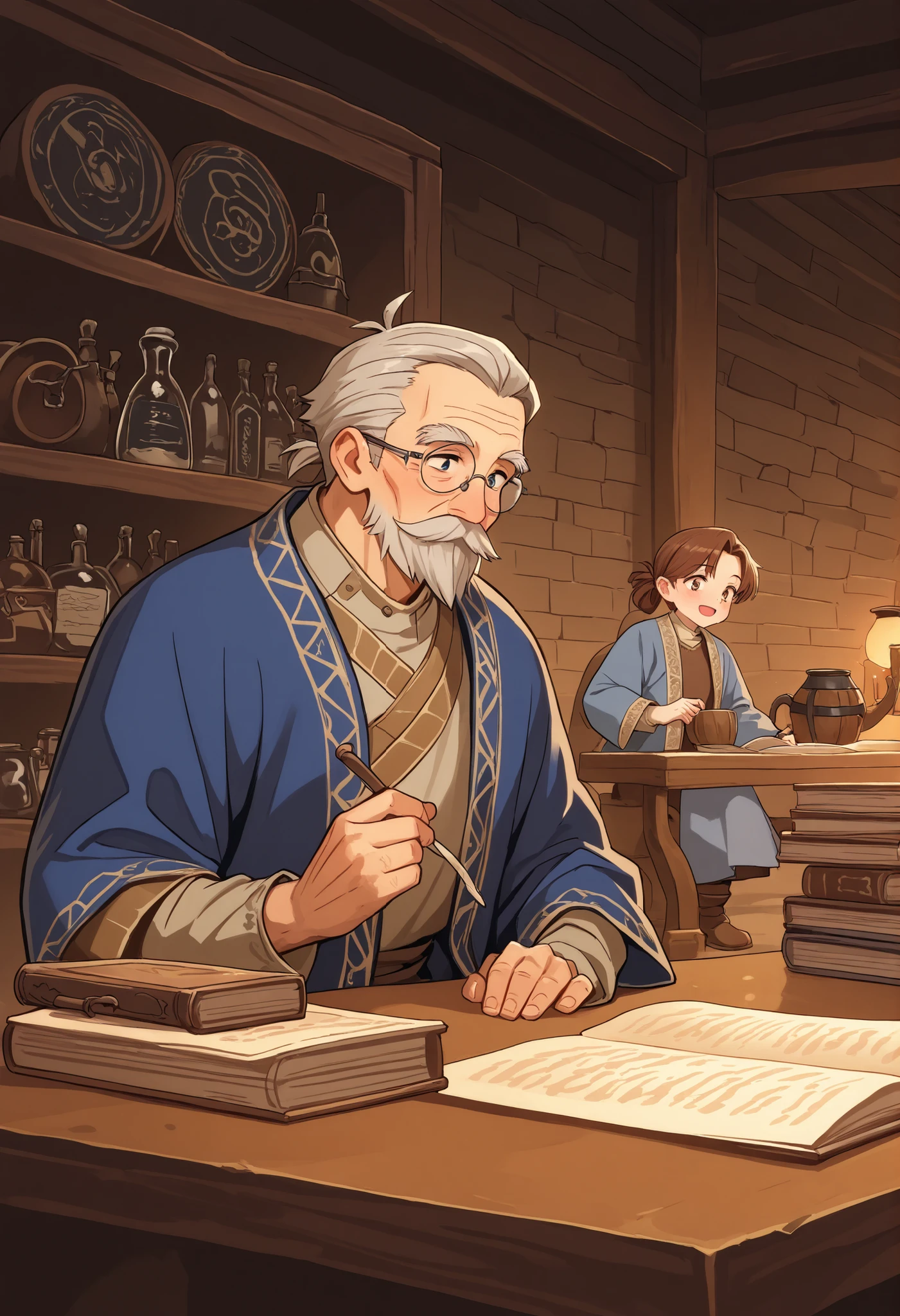 kind old man owner of the medieval bookstore, wise and fatherly