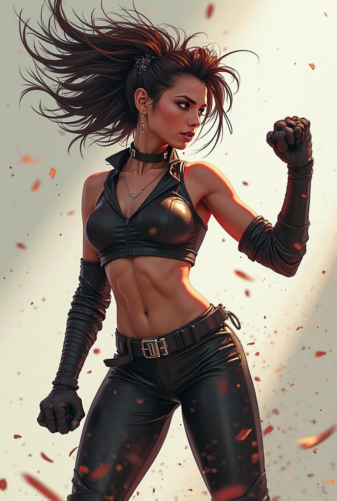 1 girl, long black hair, handsome face, boxing gloves, sports bra, toned, boxing stance, long black pants,frange, seins moyens, Chemise blanche, attacher, rester, Ils sourient, (be:1.2), Regarder le spectateur, (interview:1.3), background dark, pantalon, Pantalon noir, the best quality, glowy skin, Highest quality, High resolution