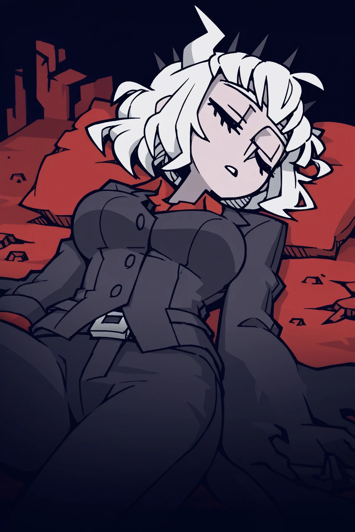 [judgement], [(helltaker)], [uploaded to e621.net; (napalm_express)], [uploaded to twitter.com; (vanripperart)], ((masterpiece)), ((High definition)), ((detailed shading)), ((beautiful solo portrait)), ((bird's-eye view)), ((side view)), ((full body)), ((beautiful 2d art)), ((anime girl)), {(attractive); (grey skin), (messy white hair), (long ponytail), (eyes closed), (short eyelashes), (short black horns on head), (frown)}, {black bra, black denim shorts, (black knee-high socks), (beautiful feet)}, {(sleeping), (on couch), (laying on back), (legs spread open)}, [background; (living room), (window), (sunset), (chains)]