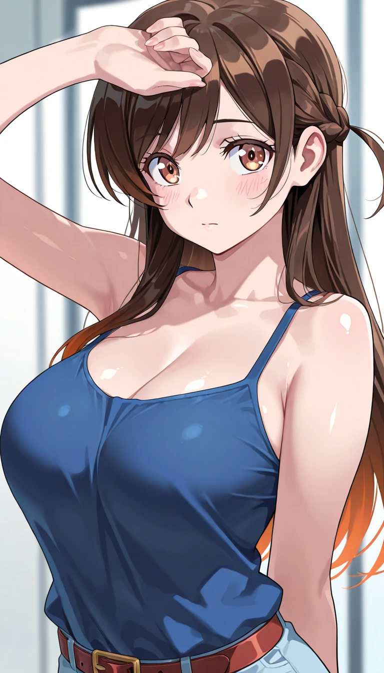 (((locker room:1.3))),(((Changing clothes in the dressing room:1.3))),(((School uniforms hanging on hangers:1.3))),(((School Swimsuit:1.7)),(((Navy blue one piece swimsuit))),(Change of clothes:1.3),Cute face,Extreme close up of face,Shiny light brown and orange striped short hair,Messy ponytail,Cute Smile,Perfect round face,iris,(hairpin、ponytail、Floating Hair、),Large Breasts.Professional Lighting,Cinematic Light,(Tabletop,highest quality,Ultra-high resolution output images,) ,(8K quality,),(Ocean Art 2.0 Mode:1.3),(Picture Mode Ultra HD,)