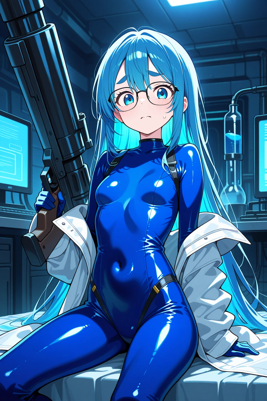 masterpiece,best quality,1girl,hatsune miku,large breasts,wide hips,thick thighs,(aqua yamatosuit,belt),arms behind back,seductive smile,blush,spacecraft interior,science fiction,dutch angle,<lora:Concept-control tool-add_detail-CyberAIchemist:0.8>,<lora:attire_yamatosuits:1>,