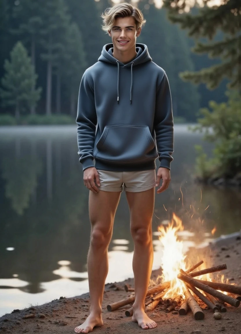 1boy, (Blue Eyes), happy smile,American boy,18 years old,young, thick body, slender, sport body build, child-like,White Teenage boy ,campground and tent in a forest, (standing next to a campfire),  (baseball cap), (white socks), (beige hiking boots), (((full body portrait))), wide angle , wearing white colors micro thong with medium bulge,pale skin, skinny, good lighting, very pale skin, light skin, model with attractive body,medium bulge and medium butts,(Best quality, 8k, Masterpiece). High Detail , superior quality, natural lighting, beautiful, sexy, correct anatomy, good composition,realistic shapes, realistic skin tones,Natural eyes,realistic eyes,looking up at viewer,vpl,realistic muscles,Realistic wrinkles on the skin,Realistic arms and legs,Realistic face,realistic hair,Make a sexy and seductive face, Clear Focus: 1.2, Perfect Body virile: 1.4 , Slender Abs: 1.2, Highly detailed face and skin texture, detailed eyes, double eyelids, big upper lip, man focus,amazing composition, front view, HDR, volumetric lighting, ultra quality, elegant,Post a erotic photoshoot,Realistic pose,detailed hair,full body,Fujifilm XT3 photorealistic art by midjourney