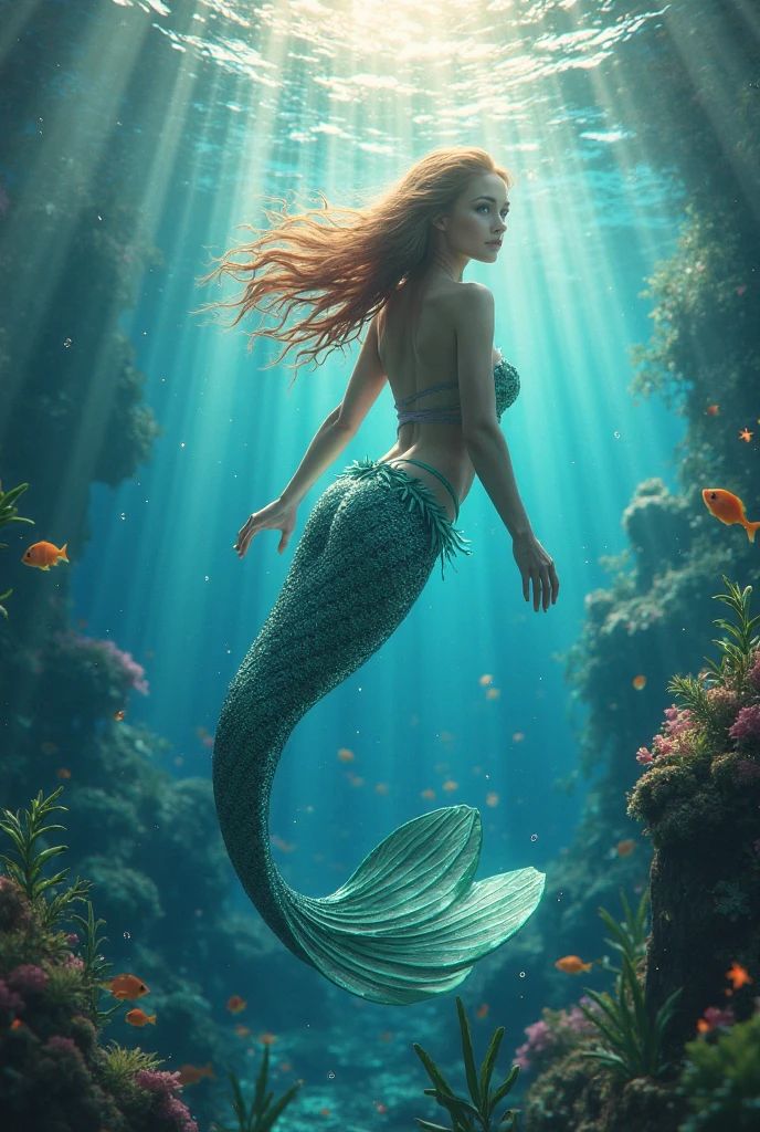 a beautiful mermaid, detailed anatomical features, elegant flowing hair, intricate seashell accessories, serene underwater scene, colorful coral reef, sunlight filtering through the water, photorealistic, cinematic lighting, dramatic color palette, (best quality,4k,8k,highres,masterpiece:1.2),ultra-detailed,(realistic,photorealistic,photo-realistic:1.37)