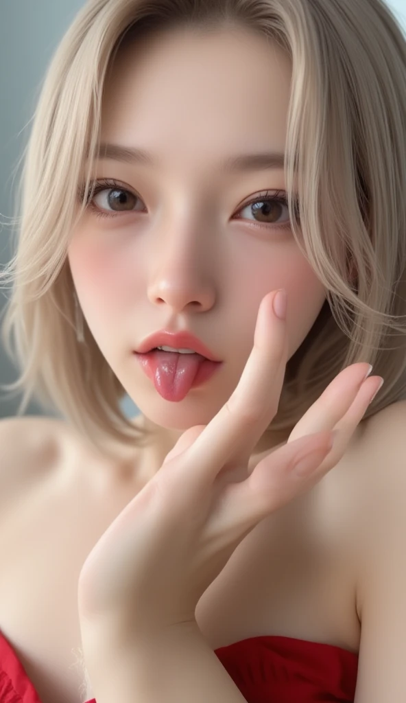 ,ulzzang-6500, (aegyo sal:1.2), best quality, ultra high res, (photorealistic:1.4), (beautiful korean woman:1.1), (kpop idol:1.1), masterpiece, illustration, an extremely delicate and beautiful, extremely detailed, cg, unity, 8k wallpaper, amazing, finely detail, official art, extremely detailed cg unity 8k wallpaper, absurdres, incredibly absurdres, ultra-detailed, highres, beautiful detailed girl, extremely detailed eyes and face, beautiful detailed eyes, light on face, cinematic lighting, (looking at viewer:1.4), wide hips, thick thighs, (orgasm:1.6), portrait, (1 girl:1.1), detailed shiny skin, (looks like amber heard:1.1), (the background is photo studio:1.1), (small breasts:1.6), (wavy hair:1.4), smile, have a lot of hair, (natural breast:1.6), high ponytail, (off shoulder dress clothes:1.4), (close up:1.6), back view, sexy back, covered nipples, dark hair, , braless, (breast slip:1.1), (clothes pull:1.1) ,<lora:koreanDollLikenesss_v10:0.6>, <lora:chineseHeterochromia_v10:0.6>, <lora:fte_futuanerV1:0.2>, <lora:oneBreastExposed_11:1>,(full body:1.5),