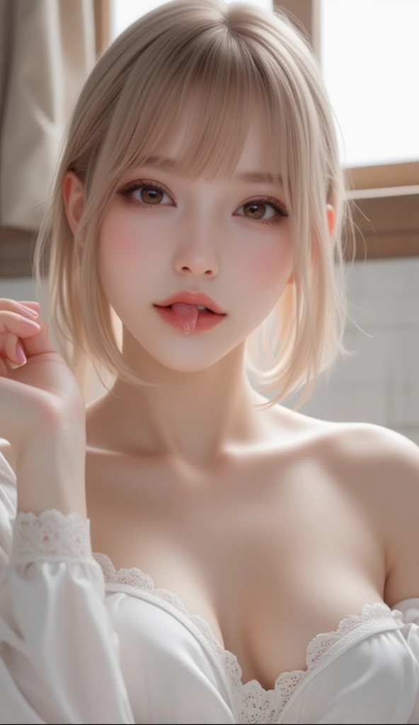 (10 years old) ,girl、(brown mickey ears headband)。(Random Nudes),Exhibitionism,((Random exposure of genitals))。 Beautiful areola。Small breasts. Thin Hair。(In a commercial freezer). Detailed and complex background。((Light blonde hair))。(Round face). ((Short Bob Hair)). All fours pose. Heavy bangs. Idol's face