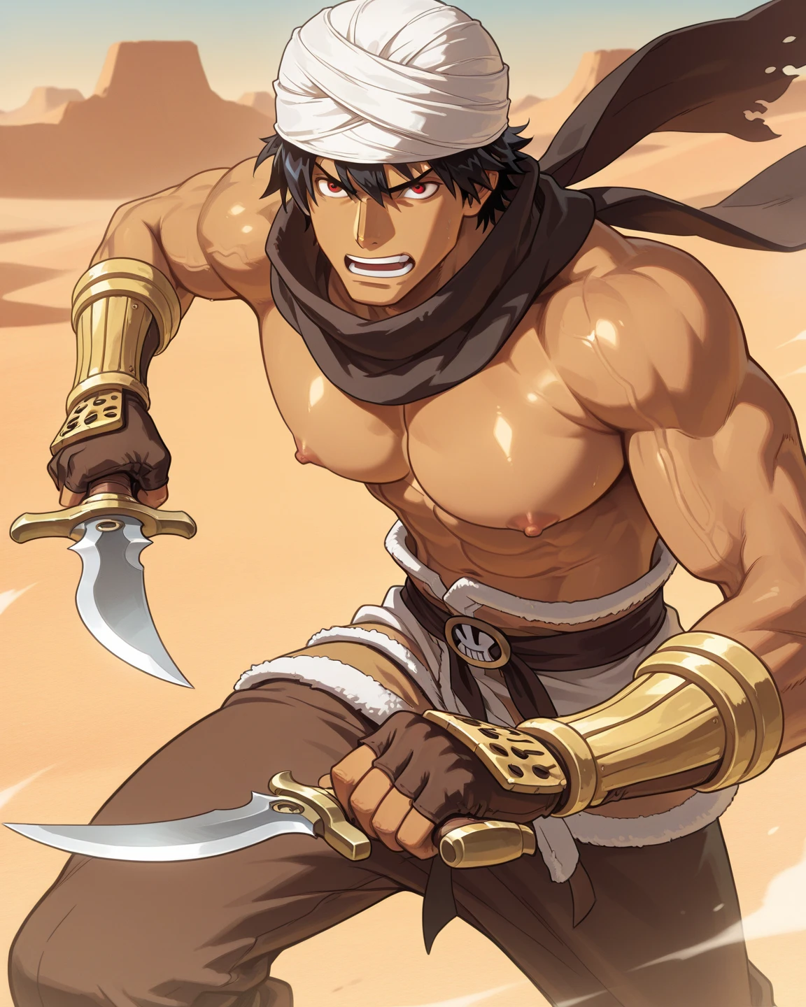 Muscular young man in,fundoshi , big pack big chest muscular abdomen in the field 