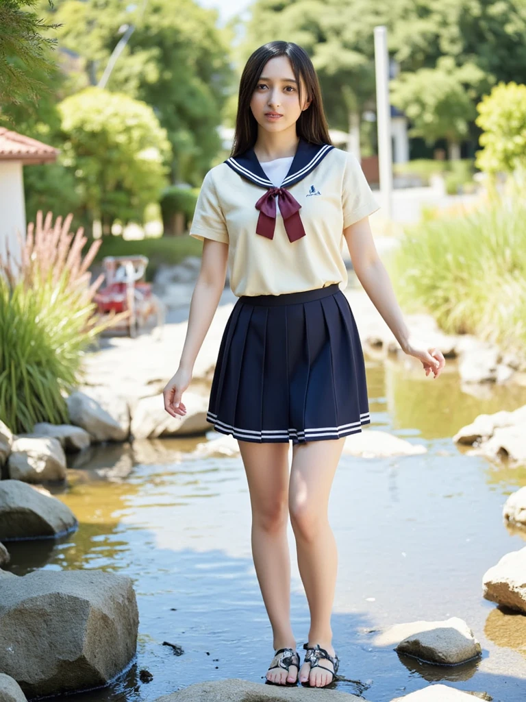 (NFSW)、(High resolution:1.5)、Highest quality,Very detailed,masterpiece,Super detailed,alone,(1人の12歳のBig Breastsの女の子),((Summer School Uniforms:1.5)), Seraphim, ((skirt:1.5)), smile, Thigh fetish images: 1.5、(((barefoot)))、(Her thighs and white bikini reflected in the clear blue water)、(reflected in water:1.5)、((I can see the white string panties:1.5))、(Cleavage)、((Clear blue seawater))、Summer sun、はしゃいだsmile、Beautiful Eyes、(pull-out-panties)、(Panties on knees)、(The water is marine blue: 1.5)、(((Glossy thighs)))、((Creative and random outfits))、(Big Breasts)、(Cleavageを強調)