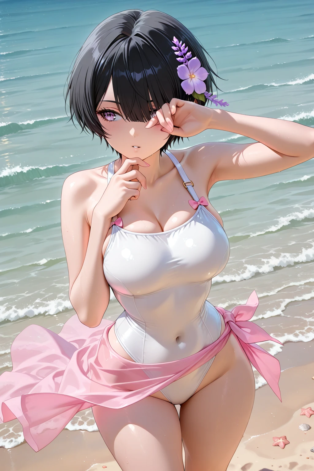 (Highest quality, masterpiece, Ultra-high resolution, (Photorealistic:1.4), RAW Photos),One girl,Gingham-print-bikini,(wet:1.1), short sleeve, water drops,pull panties,undressing(Very short black hair, Amazingly cute face, Very beautiful big black eyes)), Very lean body, Very flat and beautiful Massive Breasts and a beautiful ass, An innocent smile,Showcasing cleavage, legs, stretch legs, hip, from behind,(Emphasize the cleavage), View Viewer, Detailed face, Fine grain, Detailed Hair, Detailed body, Thigh details, Detailed Swimsuit