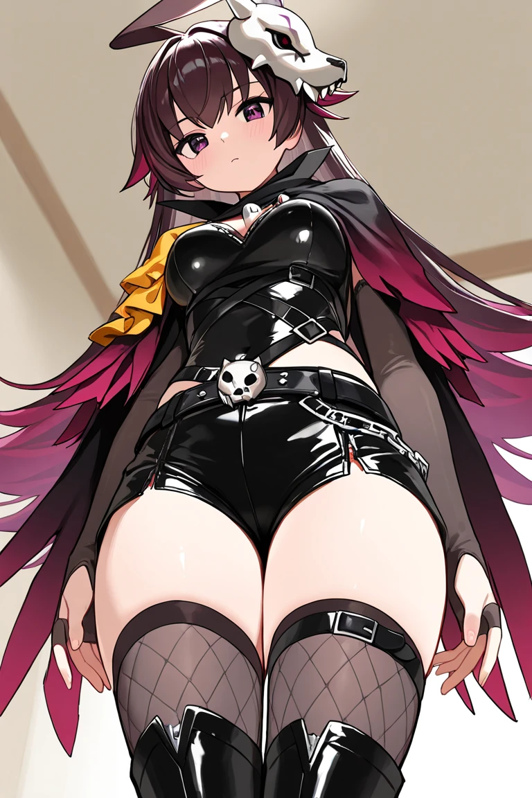 (hearts:1.2), looking at viewer, kneeling, full body, blush, hands on face, open mouth, dsviolet, red hair, long hair, ponytail, heart red eyes, black ribbon, hair ribbon, black leotard, jacket, red gloves, thigh boots, choker, frilled sleeves, silver rose, <lora:dskasumi-v2:0.8>, <lora:heart_eyes_v1.0:0.8>, pink bed