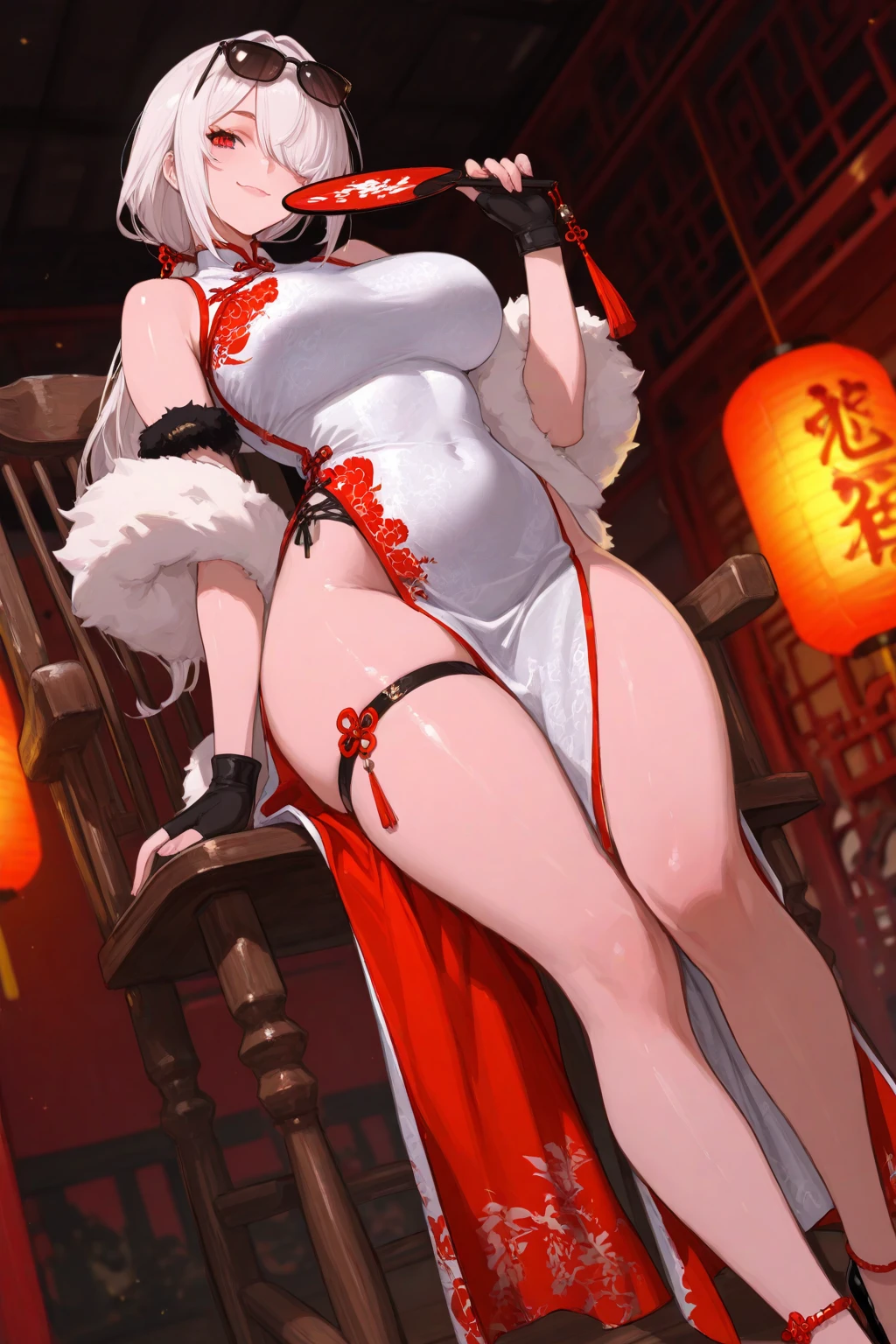 GDAAC, ChineseDressAegir, 1girl, solo,  sitting, looking at viewer, spread legs, holding, red eyes, shoe dangle, covered nipples, parted lips, chair, mole on breast, white hair, yellow eyes