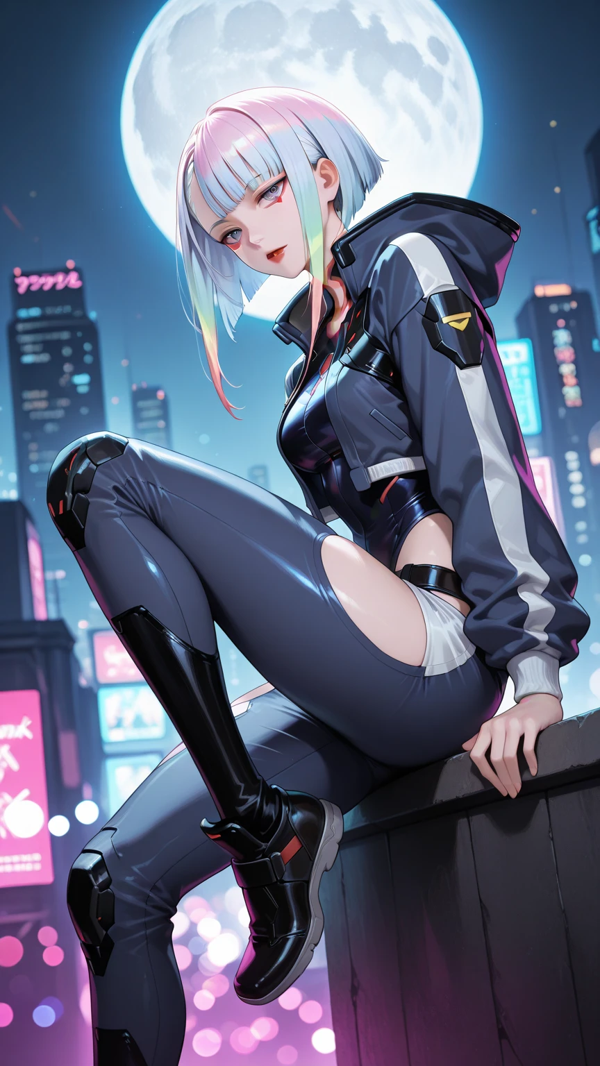 ((masterpiece, best quality, high resolution)), expressive eyes, perfect face, solo, 1boy, android, white hair, green eyes, femboy, crop-top, skirt, leggings, sneakers, cyberpunk