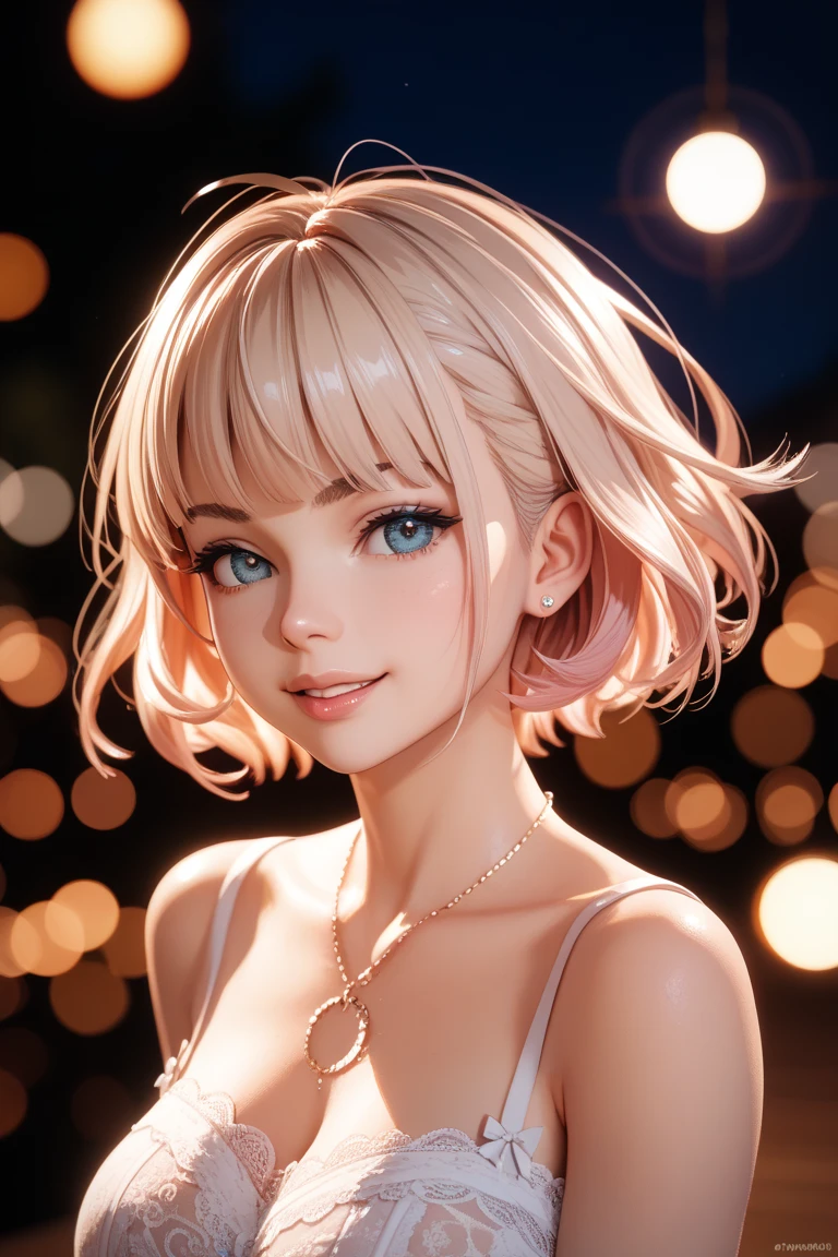 Watercolor painting of a beautiful woman, 30 delicate colors, wearing a fine silky, close-fitting sheet-like fabric, detailed eyes, long eyelashes, foundation, pink lipstick, eyeliner, facial details, simple Necklace, look at me, detailed depiction, space colored with ornaments, delicate light depiction,